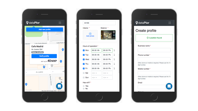 dataPlor’s web-app can be populated with mapping data. Custom fields allow clients to decide what information they require from each SMB location.